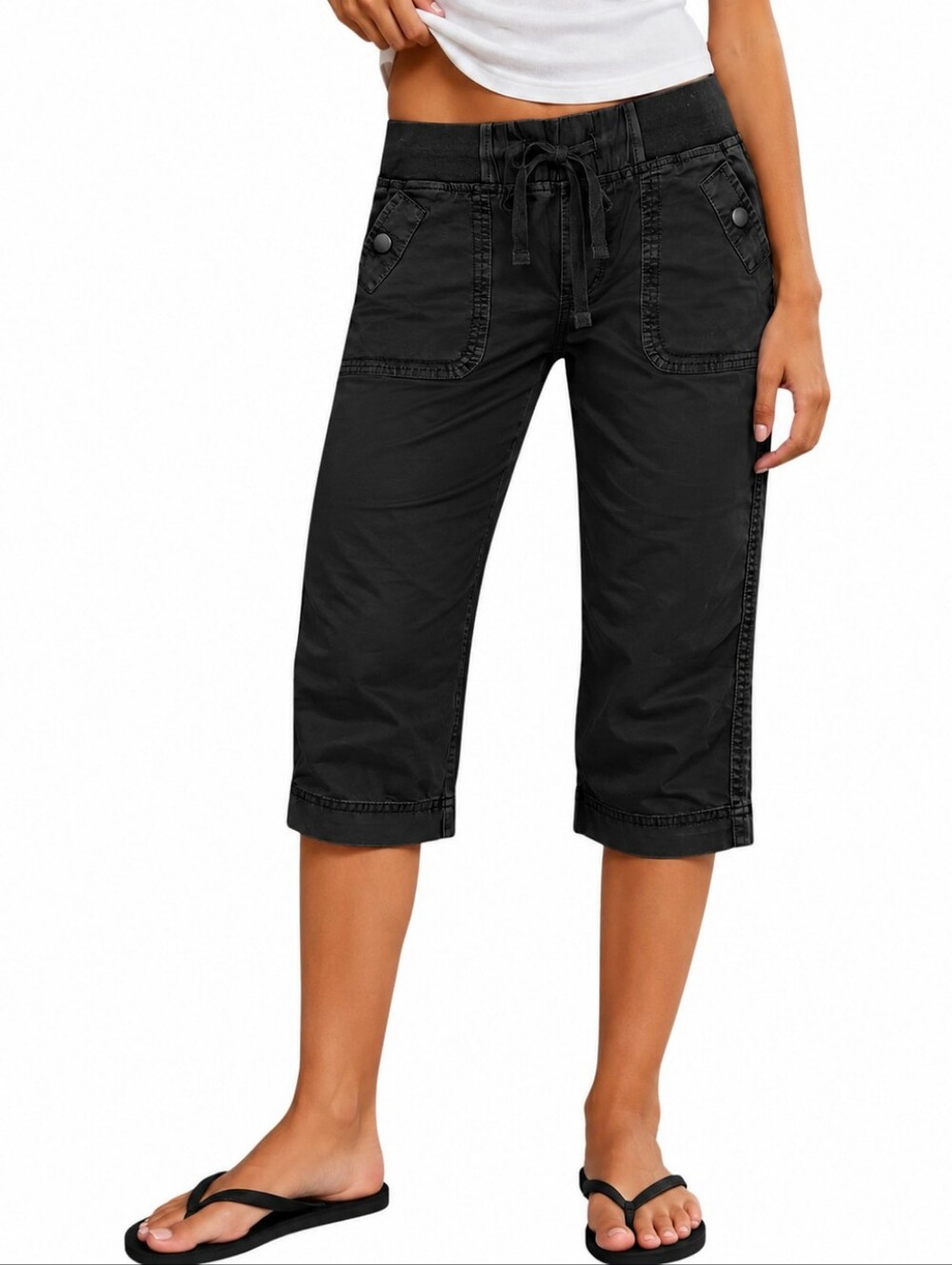 Flamingals Drawstring Button Decor Mid Waist Straight Leg Capri Pants NWT